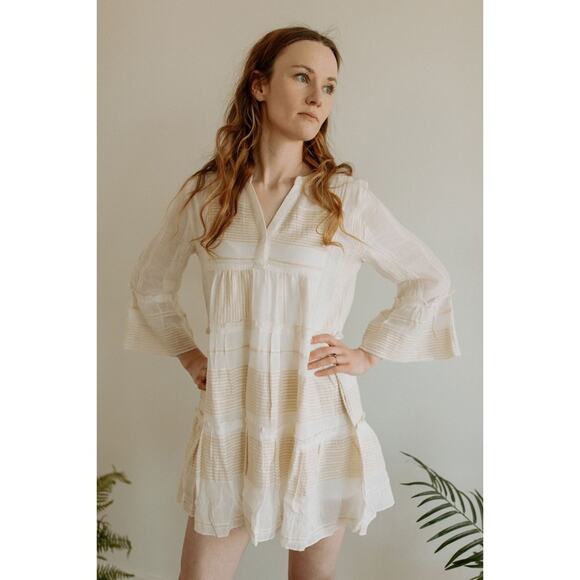 Elan Cream & Metallic Gold Long Sleeve Coverup Dress Women's Sz Small EUC V-Neck - Picture 10 of 10